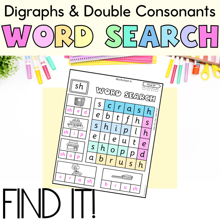 Find It! Digraph and Double Consonants Word Search| Spelling Activity for Prep/Kindergarten