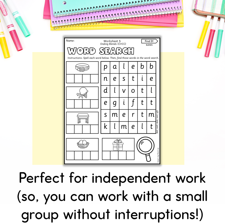 Find It! Prep/Kindergarten Blends Word Search Worksheets | CCVC and CVCC Spelling Activity