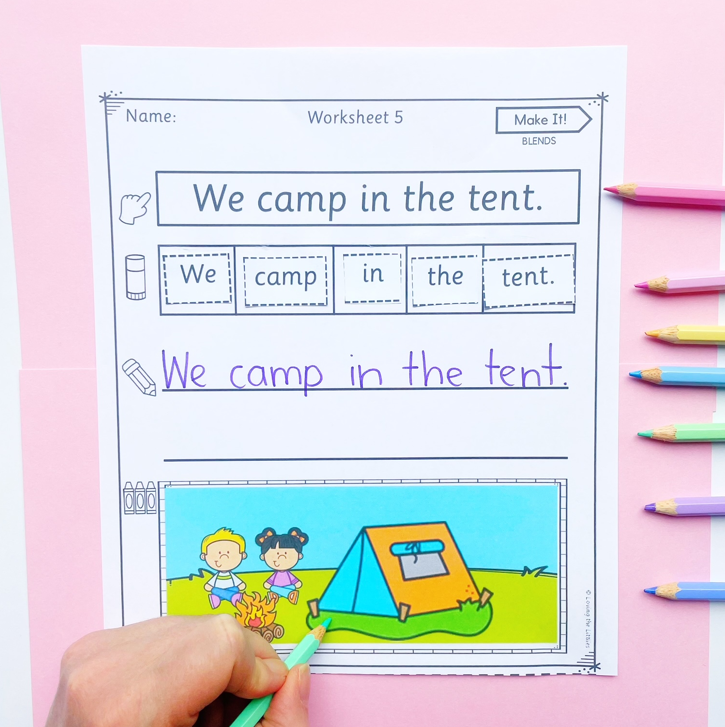 Make It! Prep/Kindergarten Blends Sentence Building Worksheets | CCVC and CVCC Activity