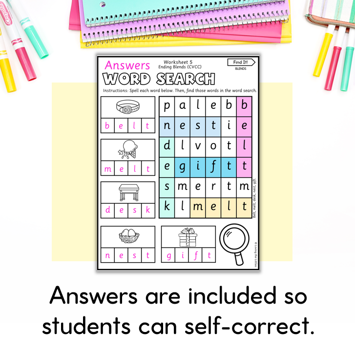 Find It! Prep/Kindergarten Blends Word Search Worksheets | CCVC and CVCC Spelling Activity