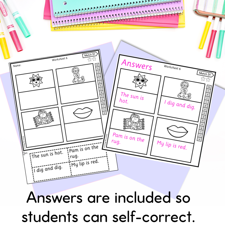 Match It! Decodable CVC Sentences and Picture Matching Worksheets for Prep/Kindergarten