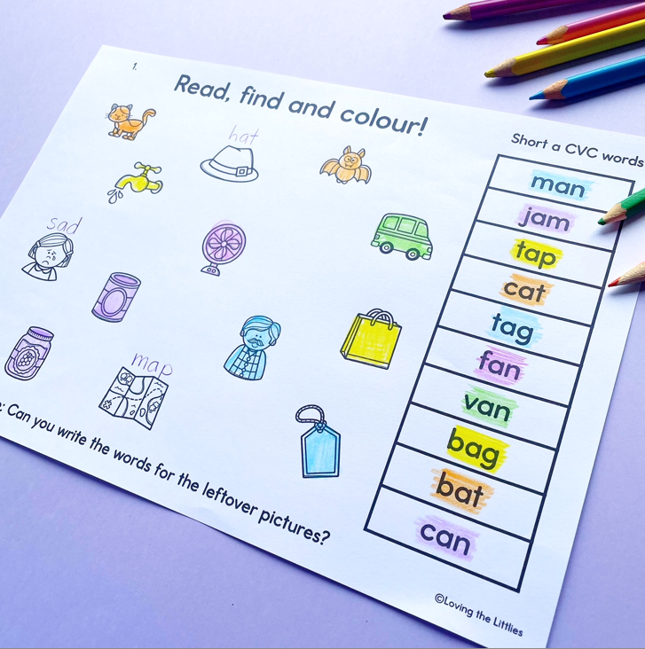 CVC Word Worksheets for Kindergarten | Read Find and Colour