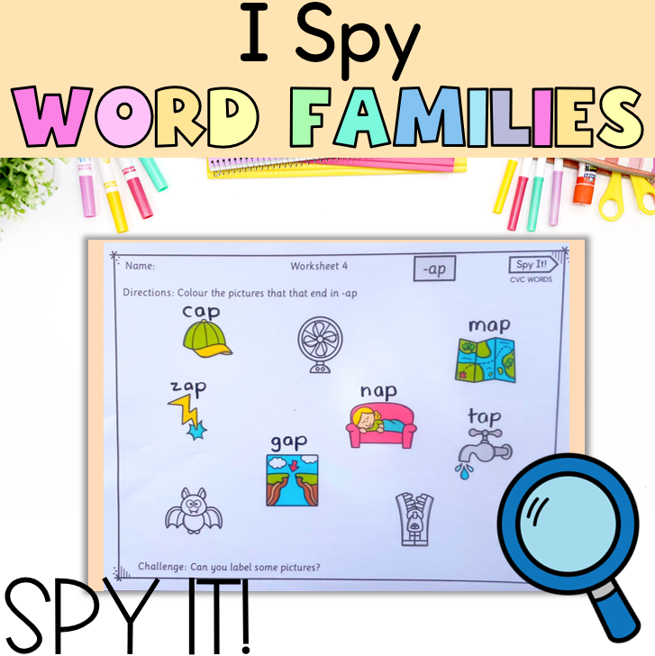 Spy It! Prep/Kindergarten I Spy Word Families | CVC Words & Rimes Activity