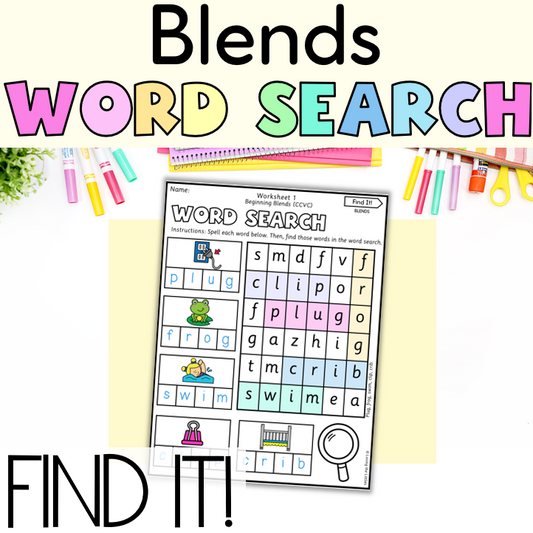 Find It! Prep/Kindergarten Blends Word Search Worksheets | CCVC and CVCC Spelling Activity