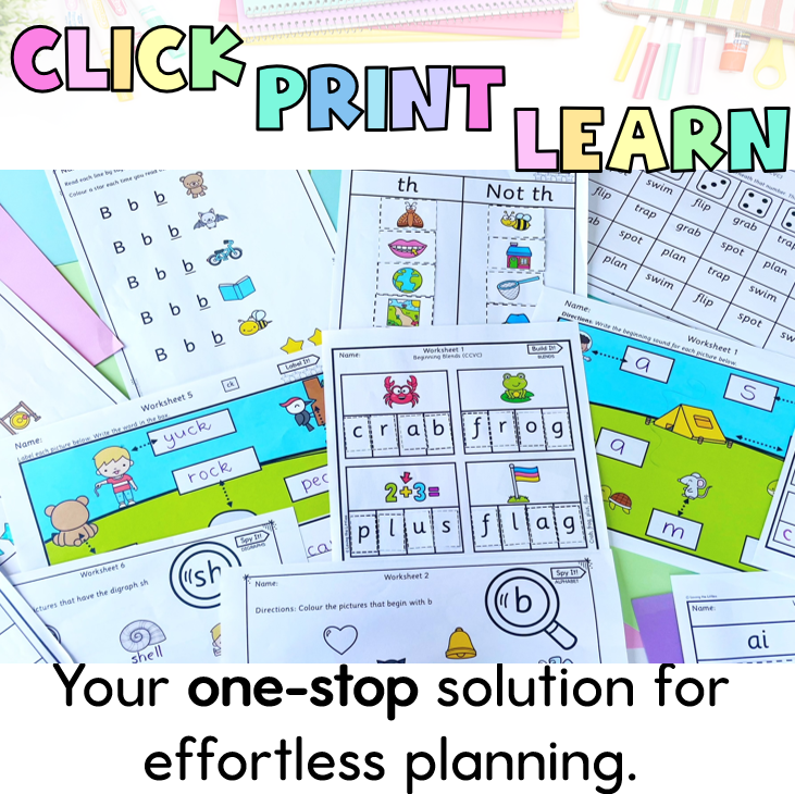 Click Print Learn | Prep/Kindergarten Year-Long No Prep Literacy Activities | Phonics Reading Spelling