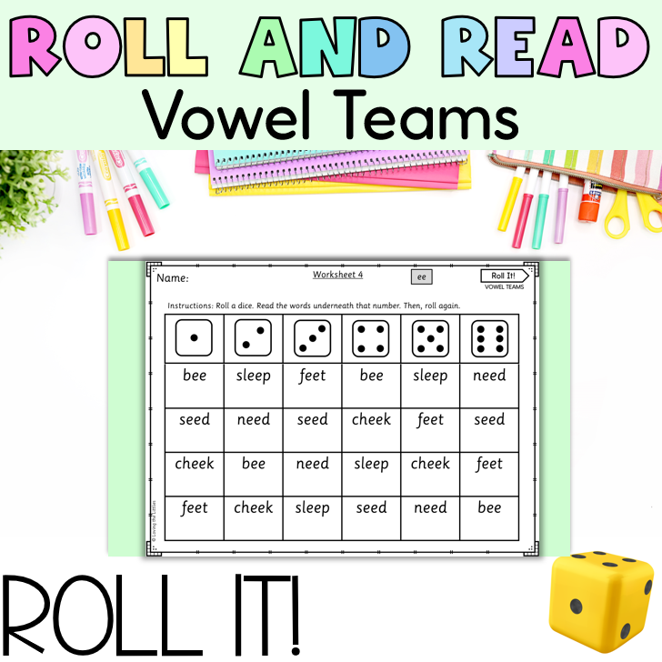 Roll It! Vowel Teams Roll and Read | Long Vowel Words Reading Fluency Practice