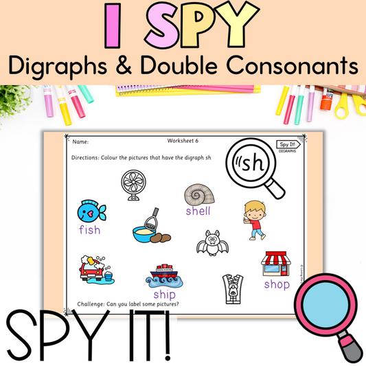 Spy It! Prep/Kindergarten Digraph and Double Consonant Spy Colouring Worksheets