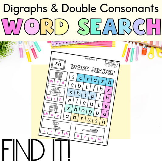 Find It! Digraph and Double Consonants Word Search| Spelling Activity for Prep/Kindergarten