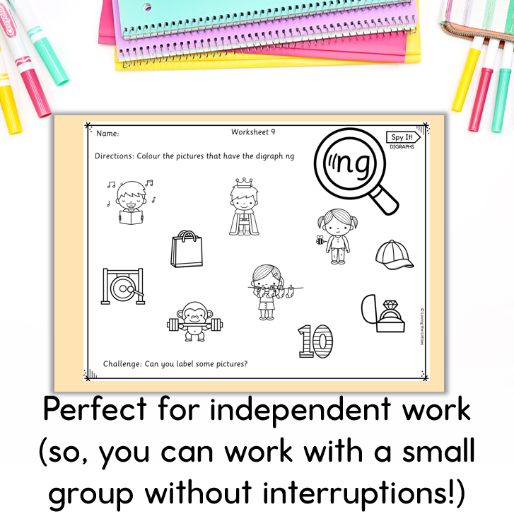 Spy It! Prep/Kindergarten Digraph and Double Consonant Spy Colouring Worksheets