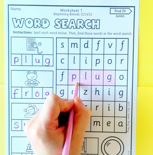 Find It! Prep/Kindergarten Blends Word Search Worksheets | CCVC and CVCC Spelling Activity