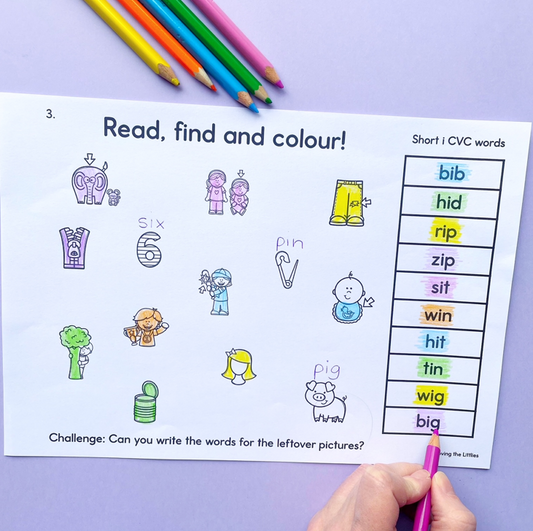 CVC Word Worksheets for Kindergarten | Read Find and Colour