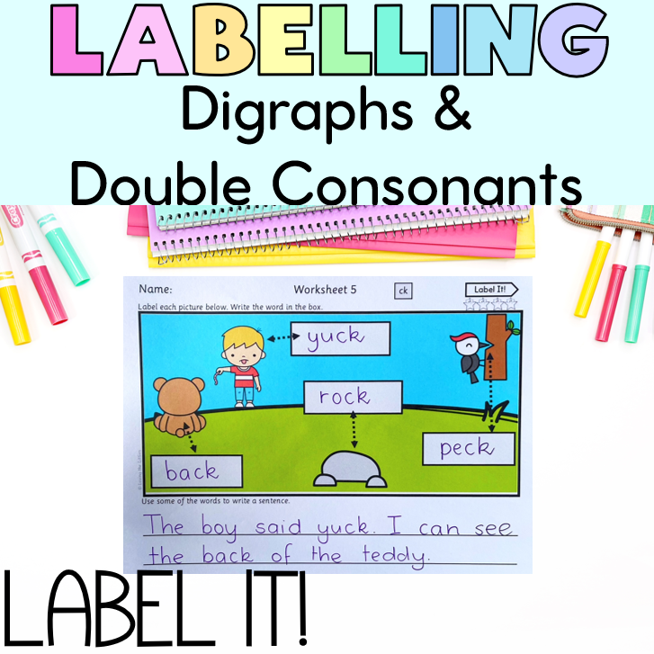 Label It! Prep/Kindergarten Labelling Worksheets | Digraphs & Double Consonants Words