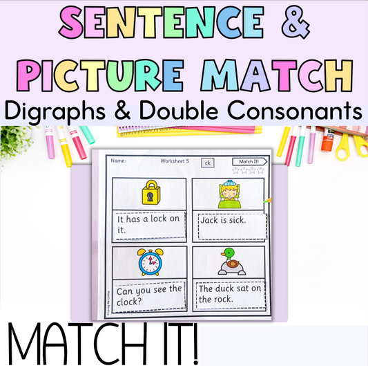 Match It! Prep/Kindergarten Digraph and Double Consonant Worksheets | Sentences and Picture Matching Activities