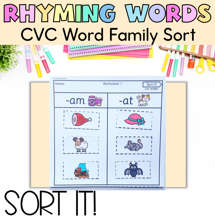 Sort It! Prep/Kindergarten CVC Rhyming Word Sort Worksheets | Word Family Activity