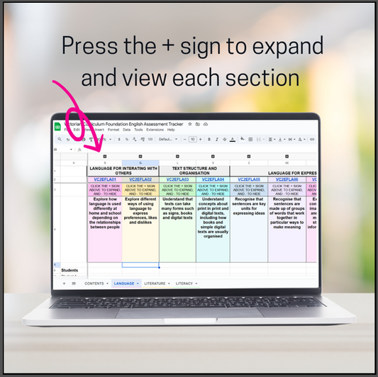 Google Sheets | Victorian Curriculum 2.0 Foundation English Assessment Tracker