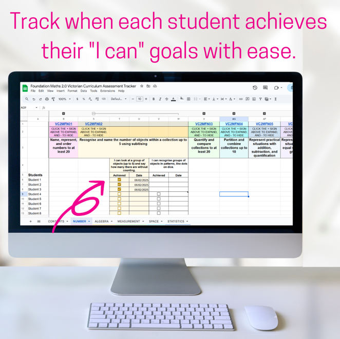 Google Sheets | Victorian Curriculum Foundation Maths 2.0 Assessment Tracker