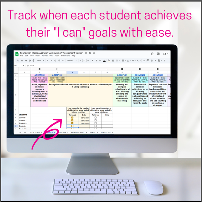 Google Sheets | Australian Curriculum V9 Foundation Maths Assessment Tracker