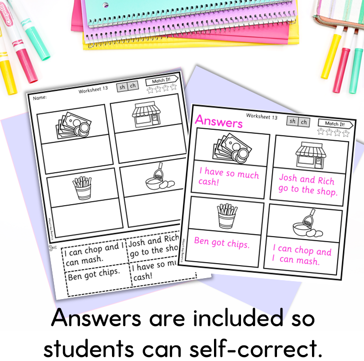 Match It! Prep/Kindergarten Digraph and Double Consonant Worksheets | Sentences and Picture Matching Activities