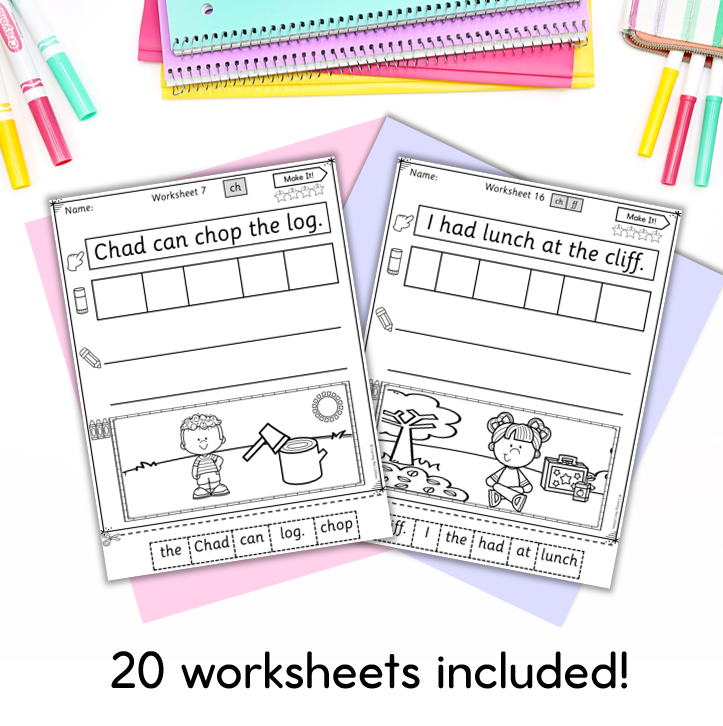 Make It! Digraph & Double Consonant Sentence Building Worksheets for Prep/Kindergarten